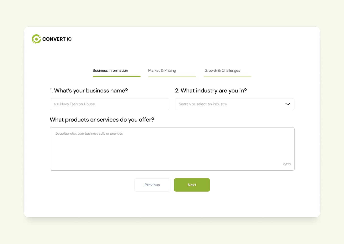 Business information setup