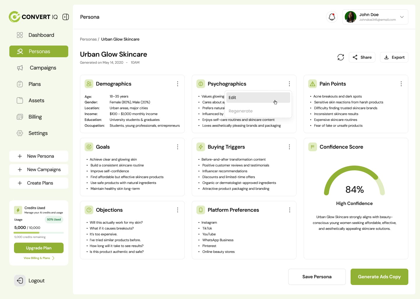 Editable persona result