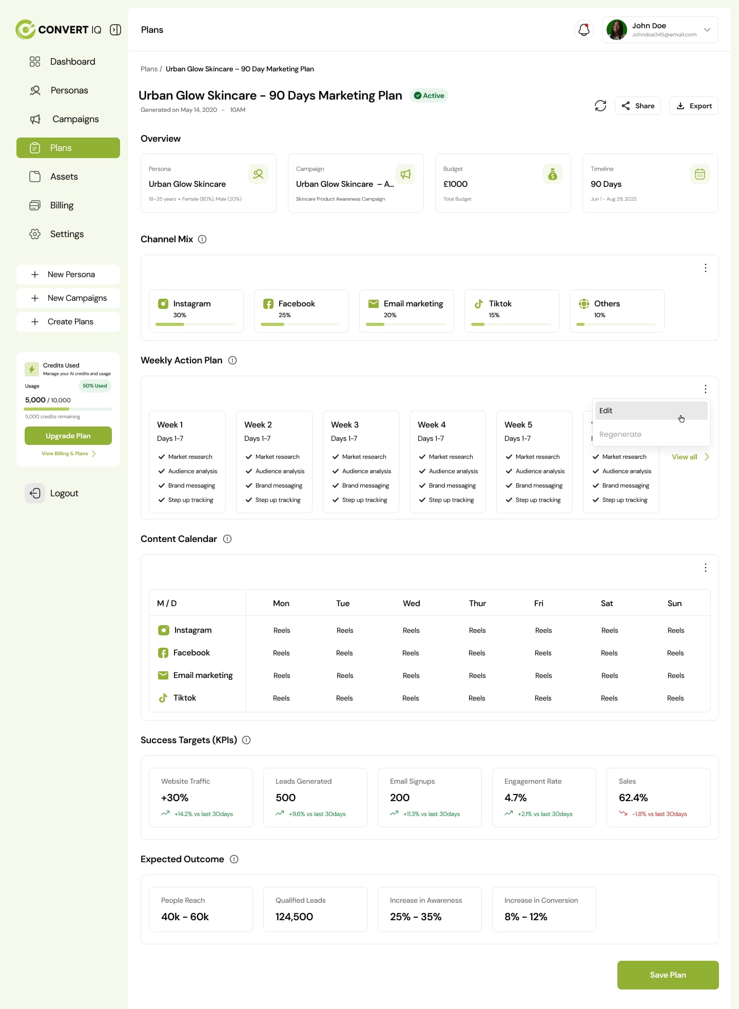 Marketing plan screen